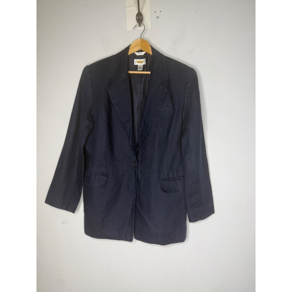 Talbots Petites Navy Blue Irish Linen Blazer Single Button Jacket Size 12P